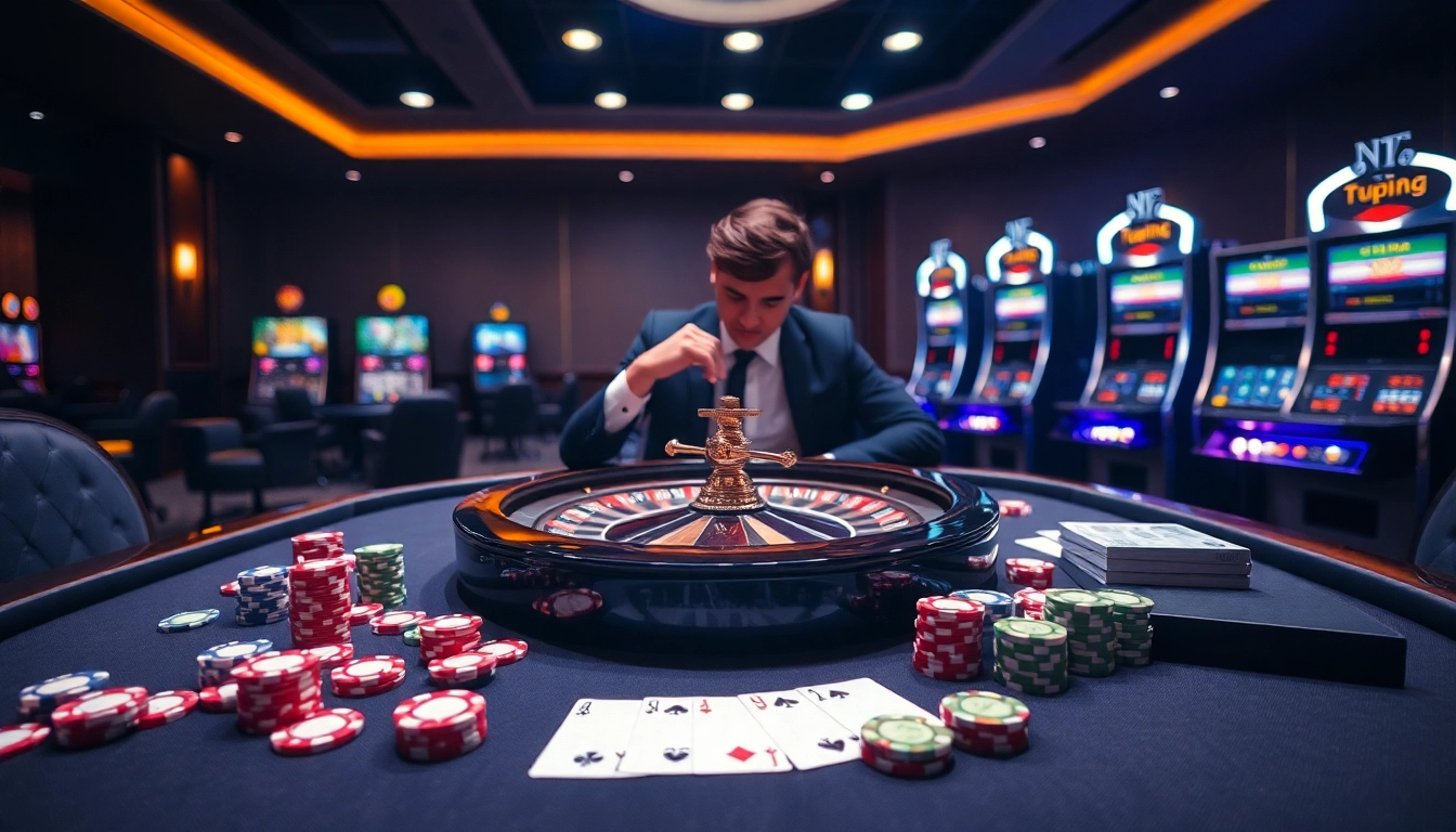 Experience the excitement of gambling at Trang chủ 79KING with vibrant poker chips and a roulette wheel.