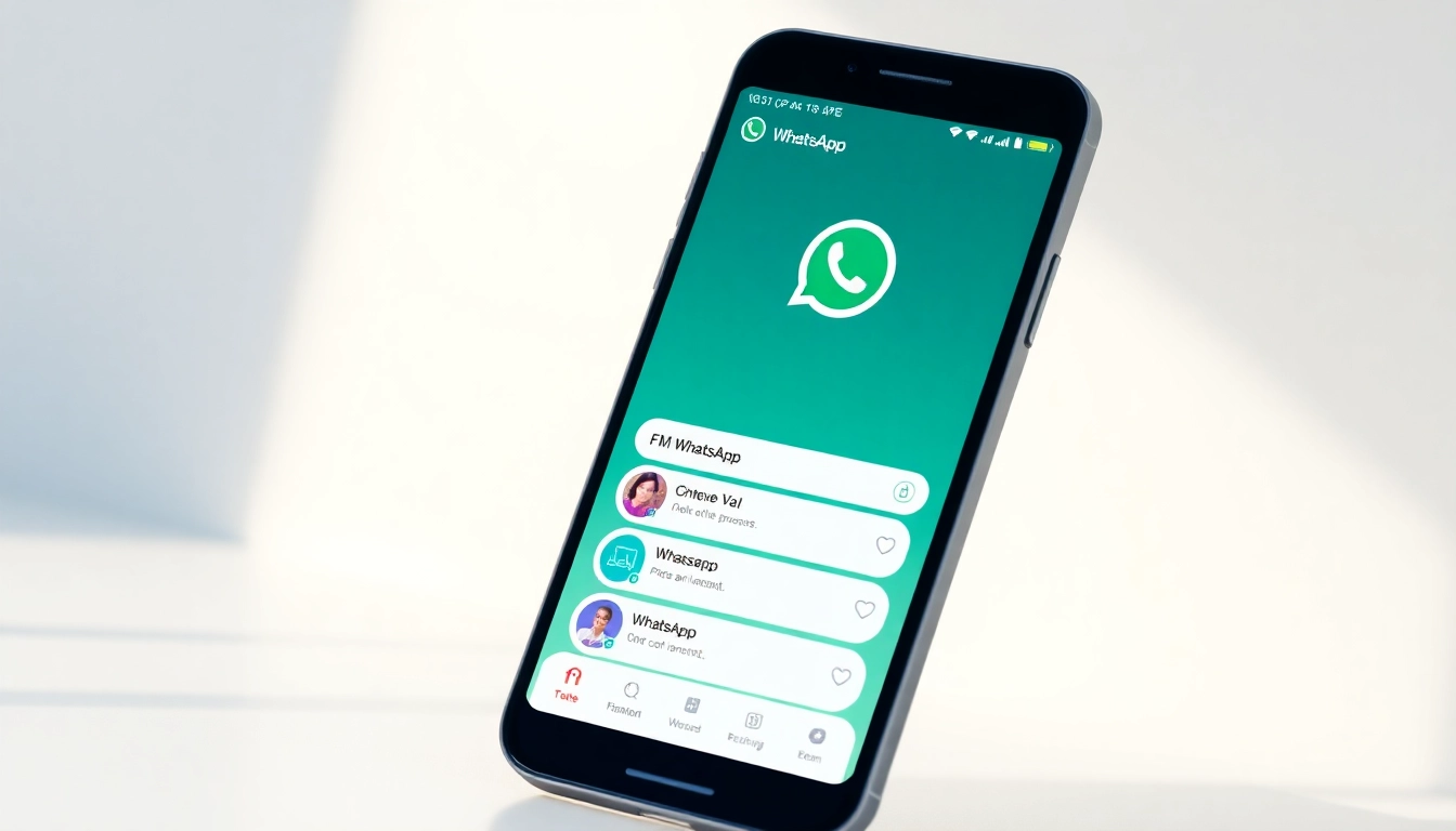 FM WhatsApp app interface displayed on a smartphone, showcasing features and customization options.