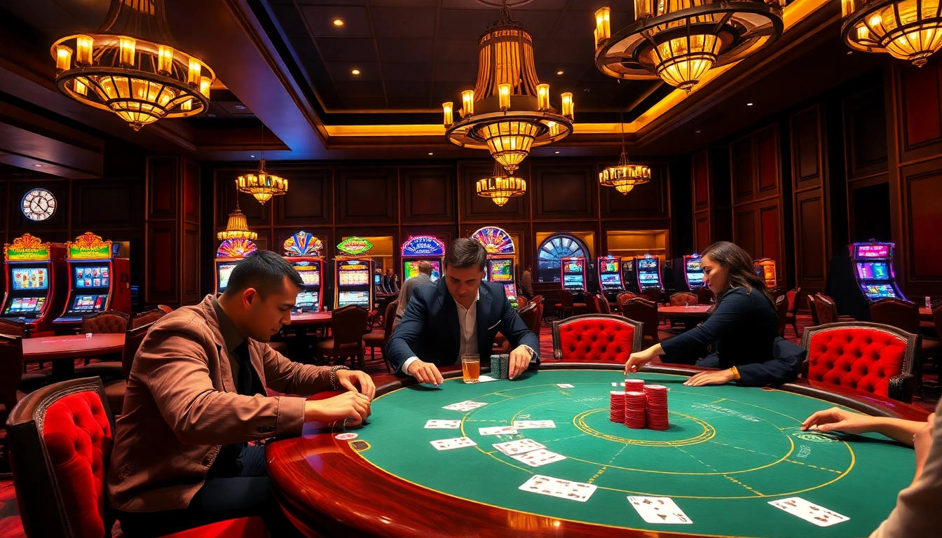 Experience the excitement of viral88 at a luxurious casino with poker tables and spinning roulette wheels.