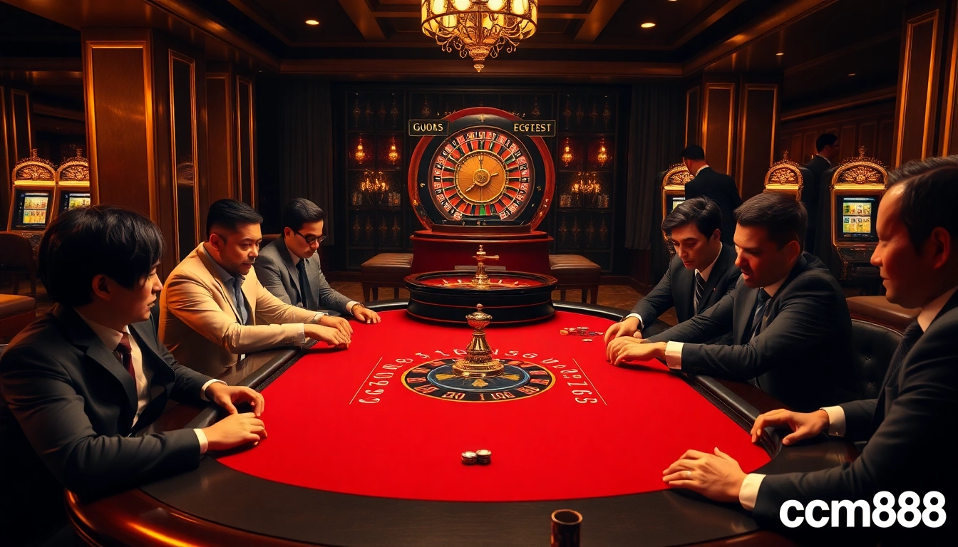 Players strategizing at a luxury poker table featuring cm88 poker chips and vibrant slot machines.