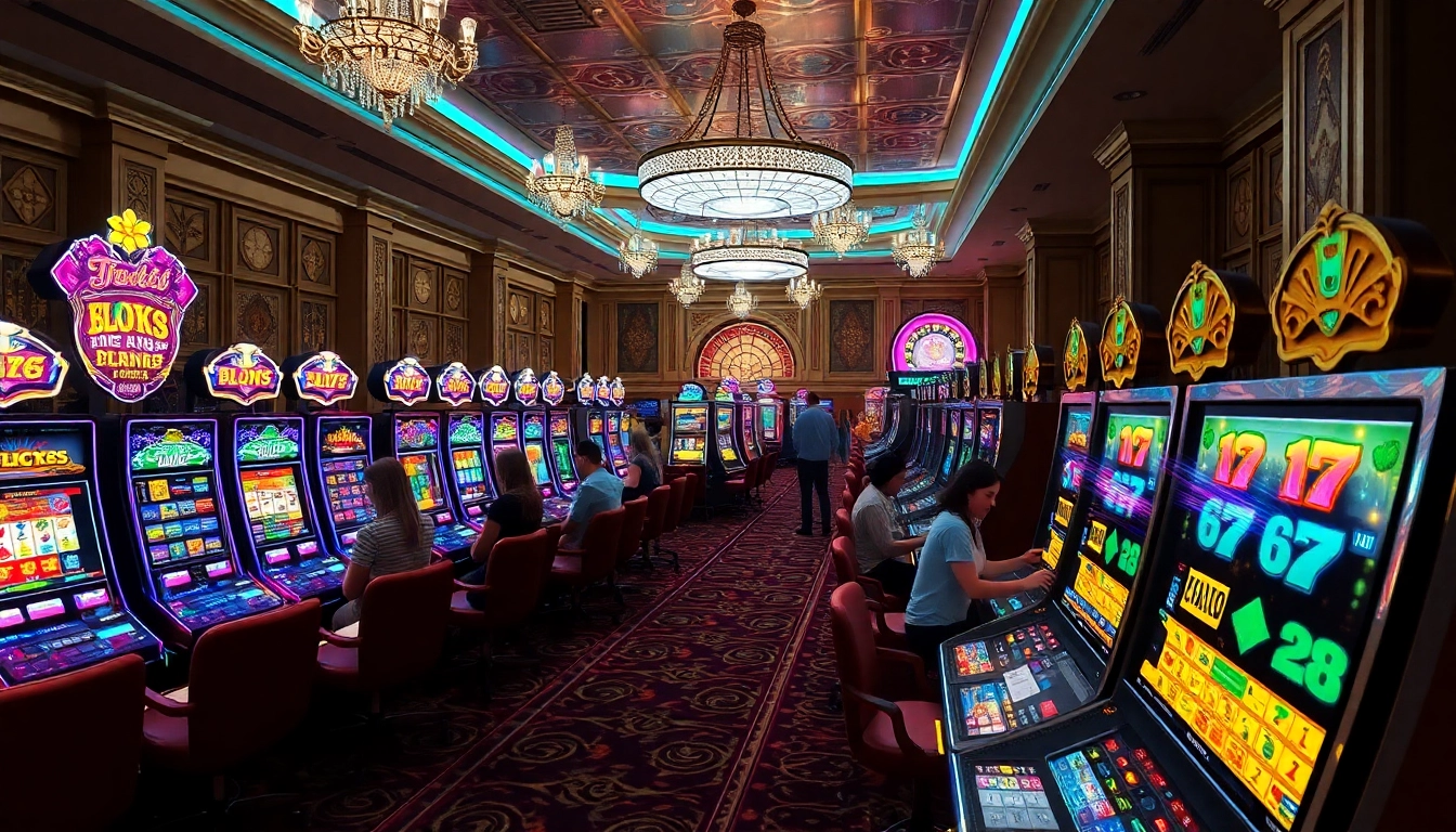 SLOTS8 players joyfully winning big at vibrant slot machines in a luxurious casino environment