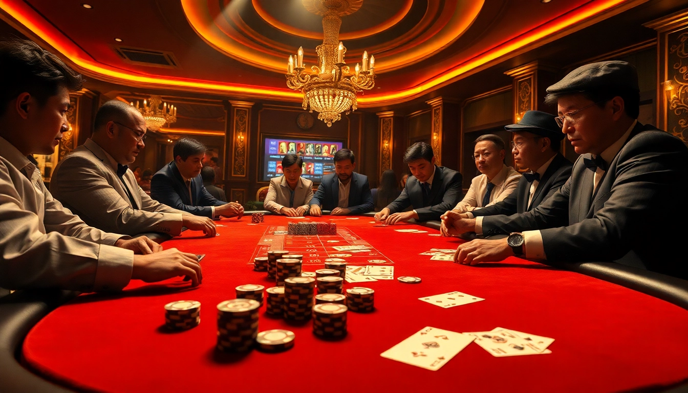 Engaged players enjoying a thrilling game bài experience at a luxurious casino table.