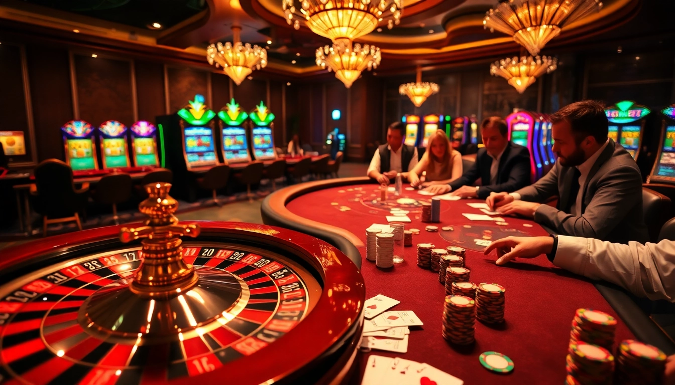 Players eagerly gamble at a luxurious casino with vibrant tables and a roulette wheel, showcasing https://bl555.design/.