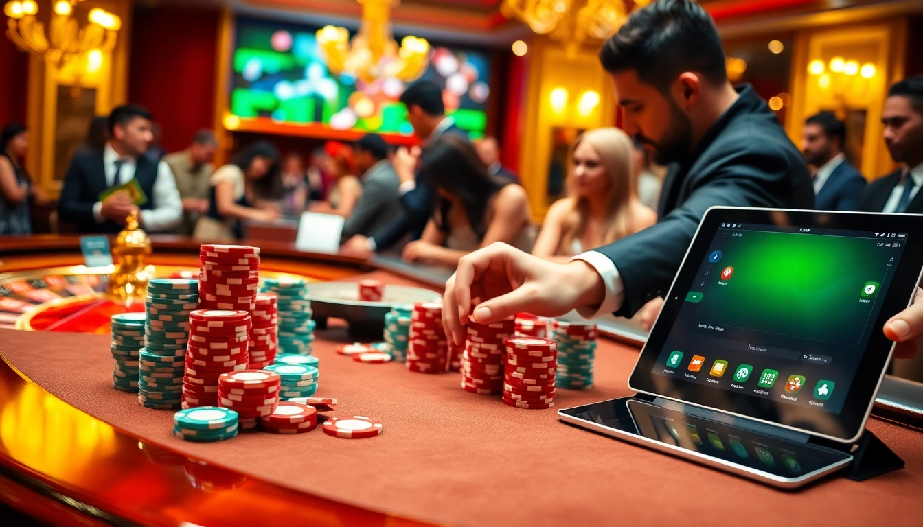 Players enjoying an exciting poker game at fly88 casino, surrounded by vibrant chips and cards.