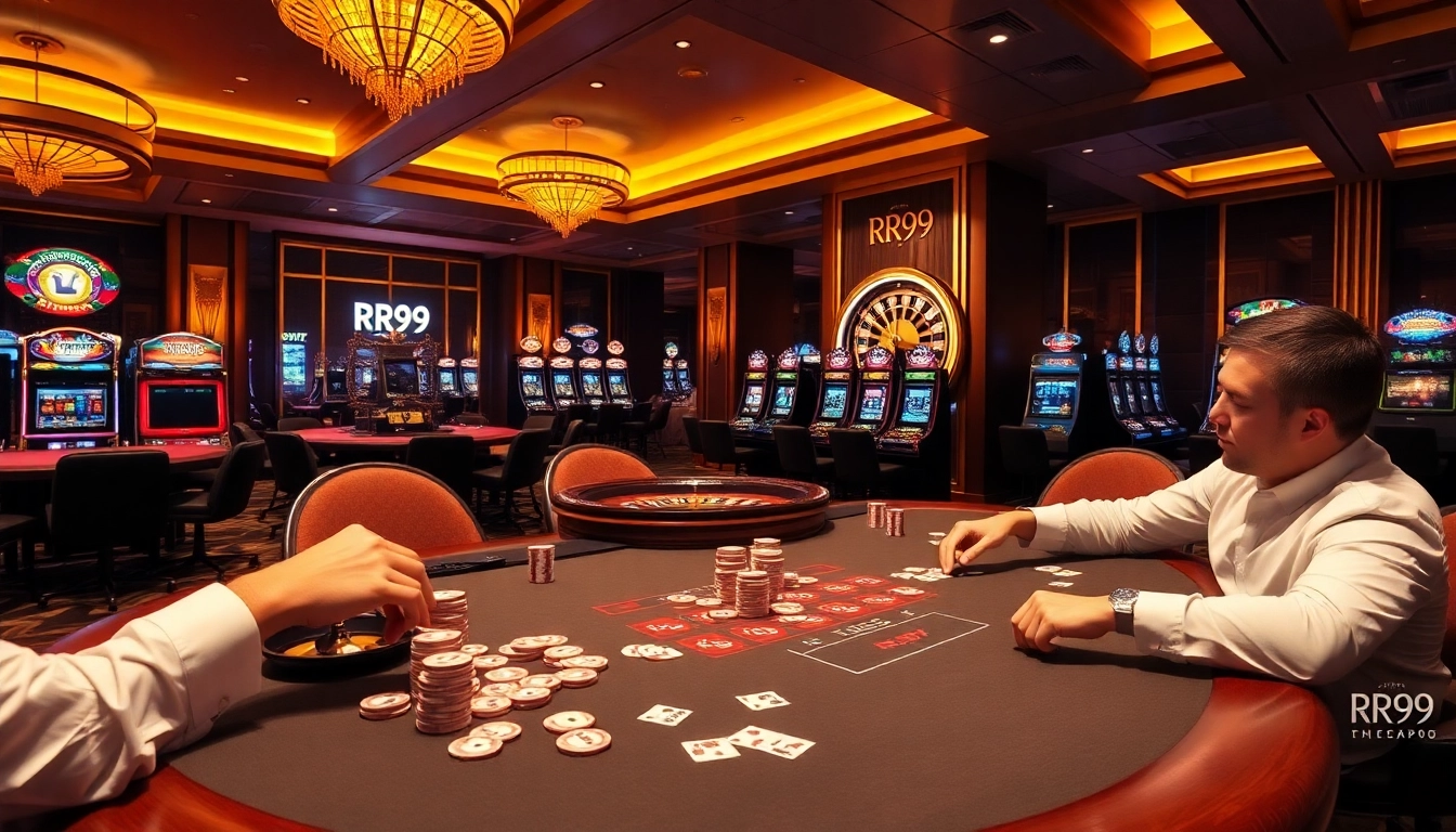 Exciting casino scene showcasing a high-stakes poker table and roulette wheel with RR99 branding.
