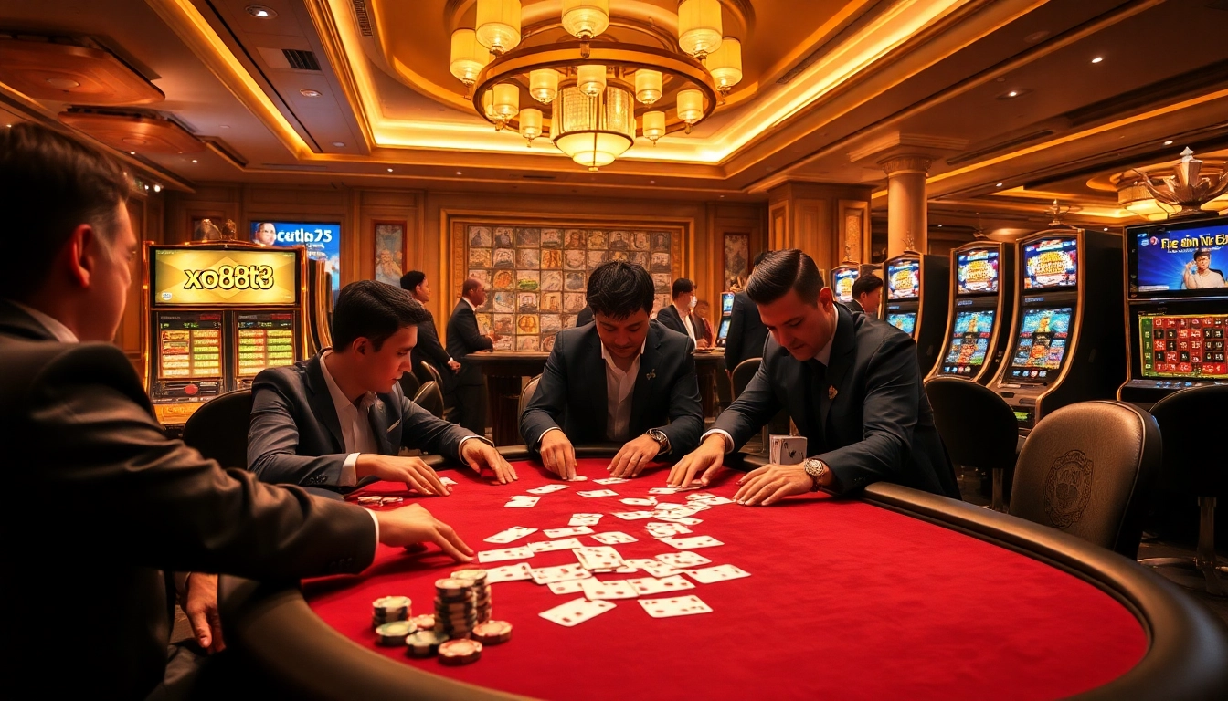 Exciting casino game moment with players at a poker table highlighting xo88t3 winnings.