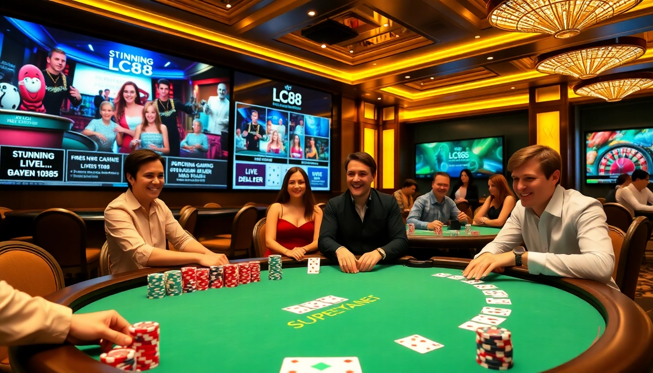 Engaging players enjoying a game at LC88's luxurious casino poker table.