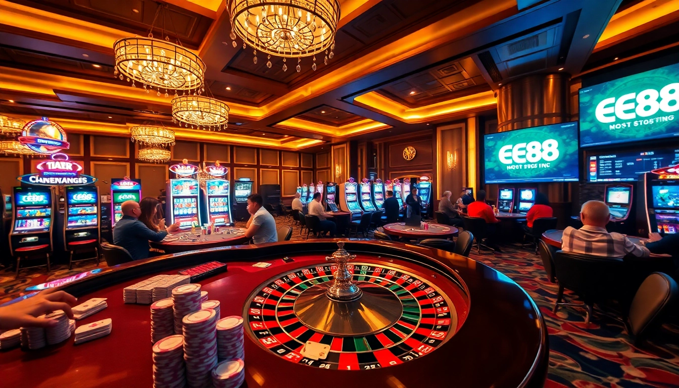 Experience thrilling moments at an EE88 casino with dynamic game tables and vibrant gambling action.