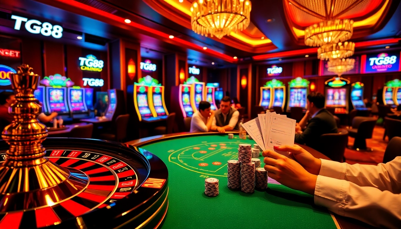 Experience the thrill of winning at TG88 casino with vibrant tables and flashing slot machines.