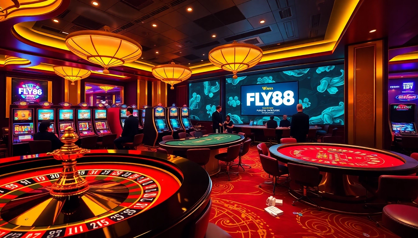 Engage with FLY88 gaming action at a luxurious casino featuring roulette, poker tables, and vibrant slot machines.