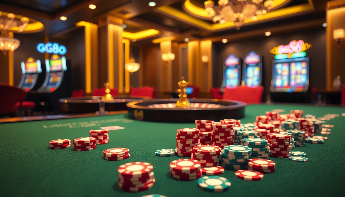 Experience thrilling gameplay at GG88 with a serene casino scene featuring poker and roulette.