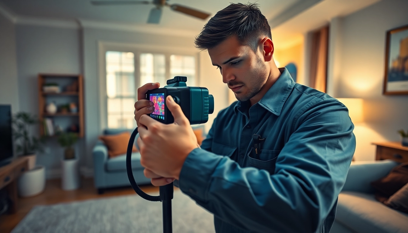 Leak detection technician using thermal imaging to identify hidden leaks in a home.