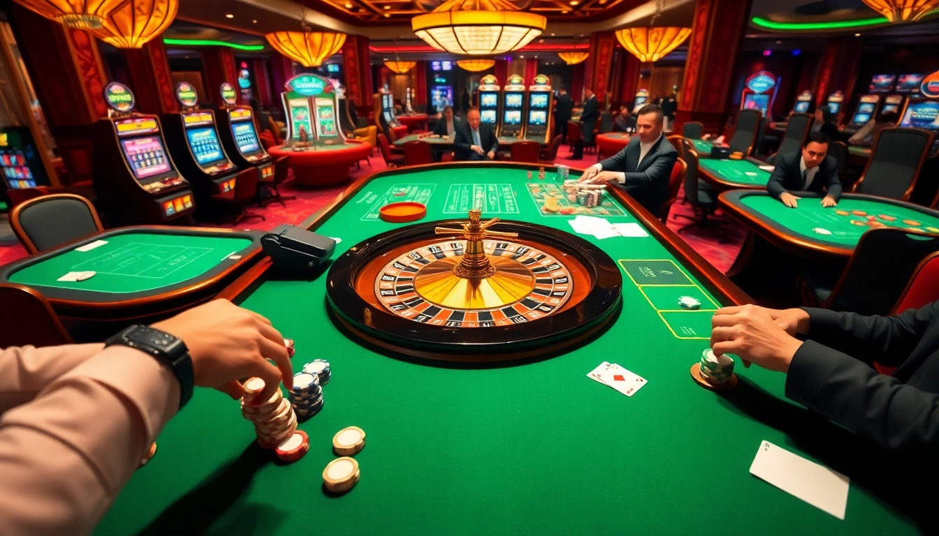 Exciting casino scene with nk88-themed roulette, players betting, and luxurious decor.