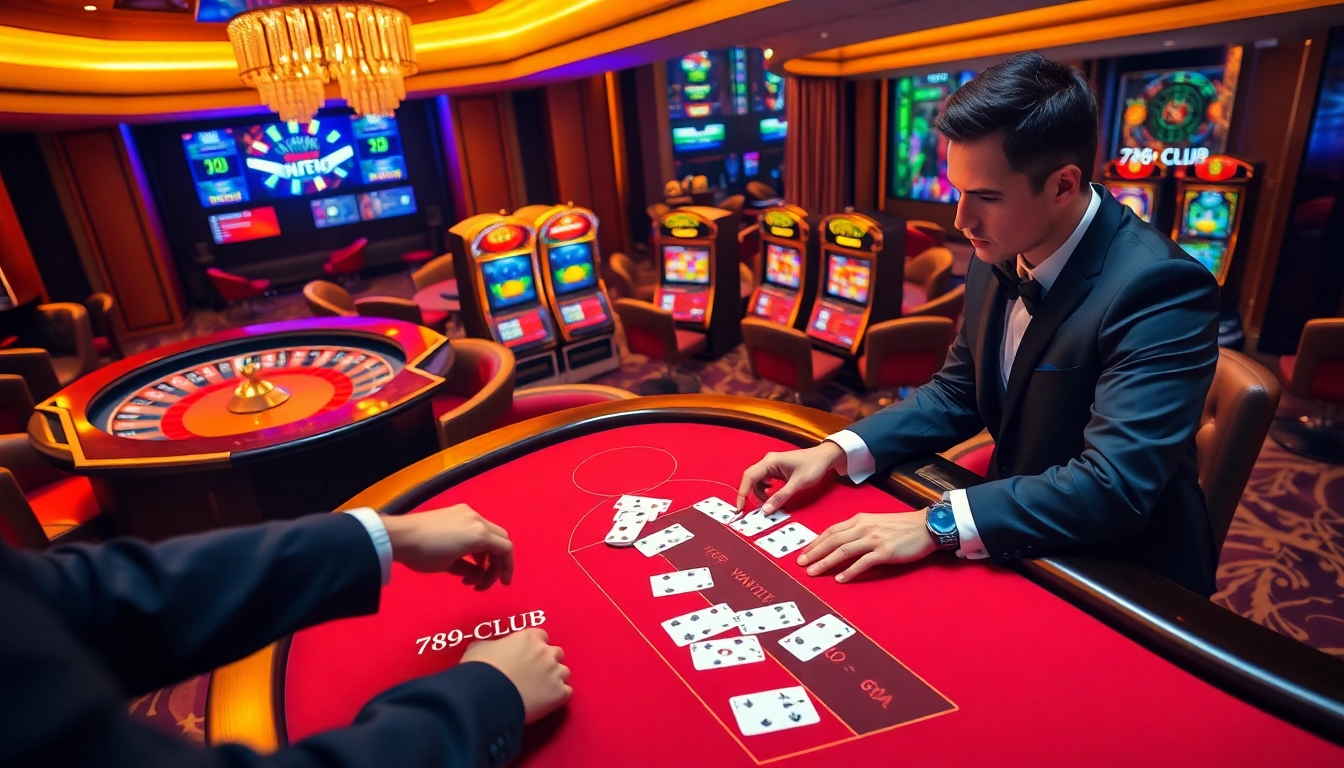 Engage in thrilling gameplay at 789CLUB's sophisticated casino tables with poker chips and cards.