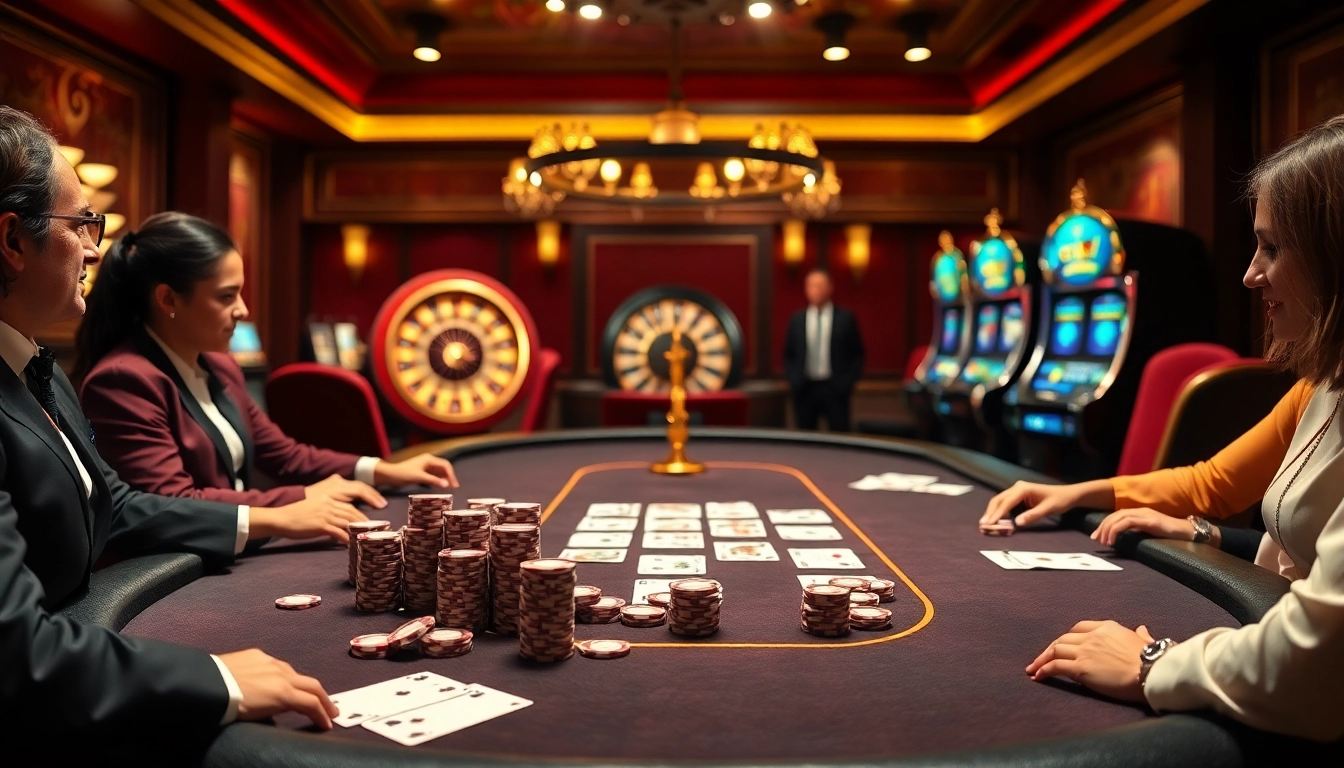 Poker players at a luxurious table enjoy a thrilling game of go 88 with vibrant chips and cards.