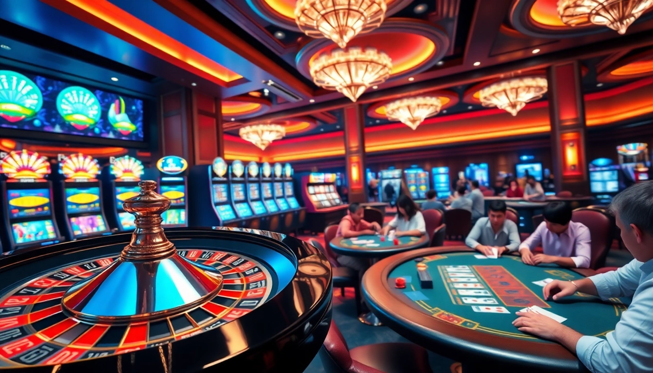 Experience excitement at VT88 with players enjoying roulette and poker tables in a vibrant casino.