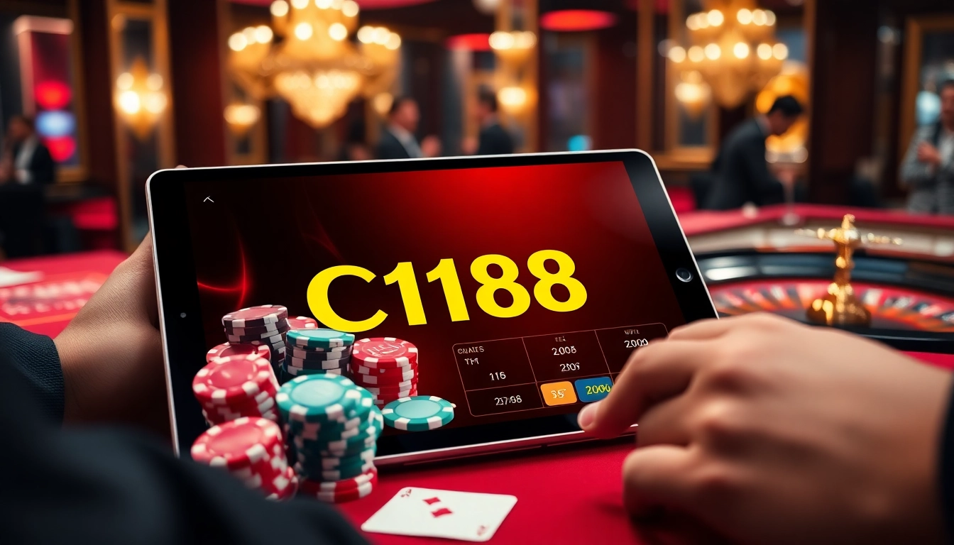 C168 online gambling platform showcased with vibrant poker chips and casino tables in a luxurious setting.
