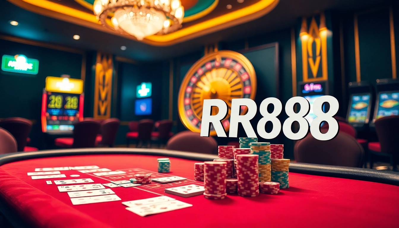 Experience thrilling gaming at RR88's luxurious casino, featuring poker tables and slot machines.