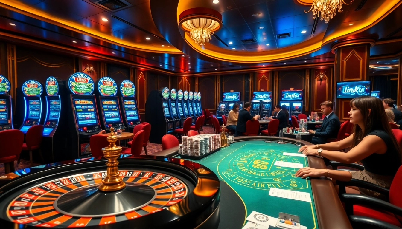 Experience online excitement with link okfun in a vibrant casino atmosphere featuring poker tables and slot machines.