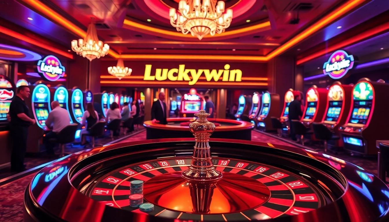 Experience the excitement of Luckywin with vibrant casino scenes featuring roulette, poker chips, and slot machines.