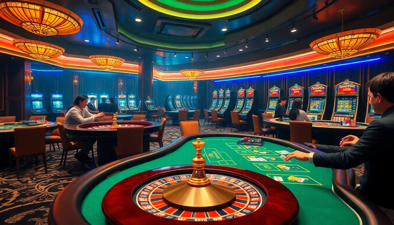 Experience the thrill of ku3933 with an immersive casino scene featuring roulette wheels and vibrant gameplay.