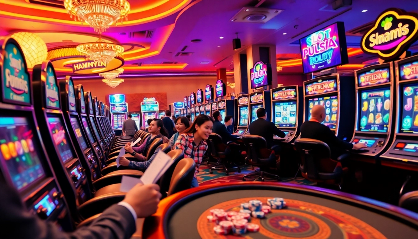 Pemain yang antusias bermain slot pulsa di tengah suasana kasino yang penuh warna.