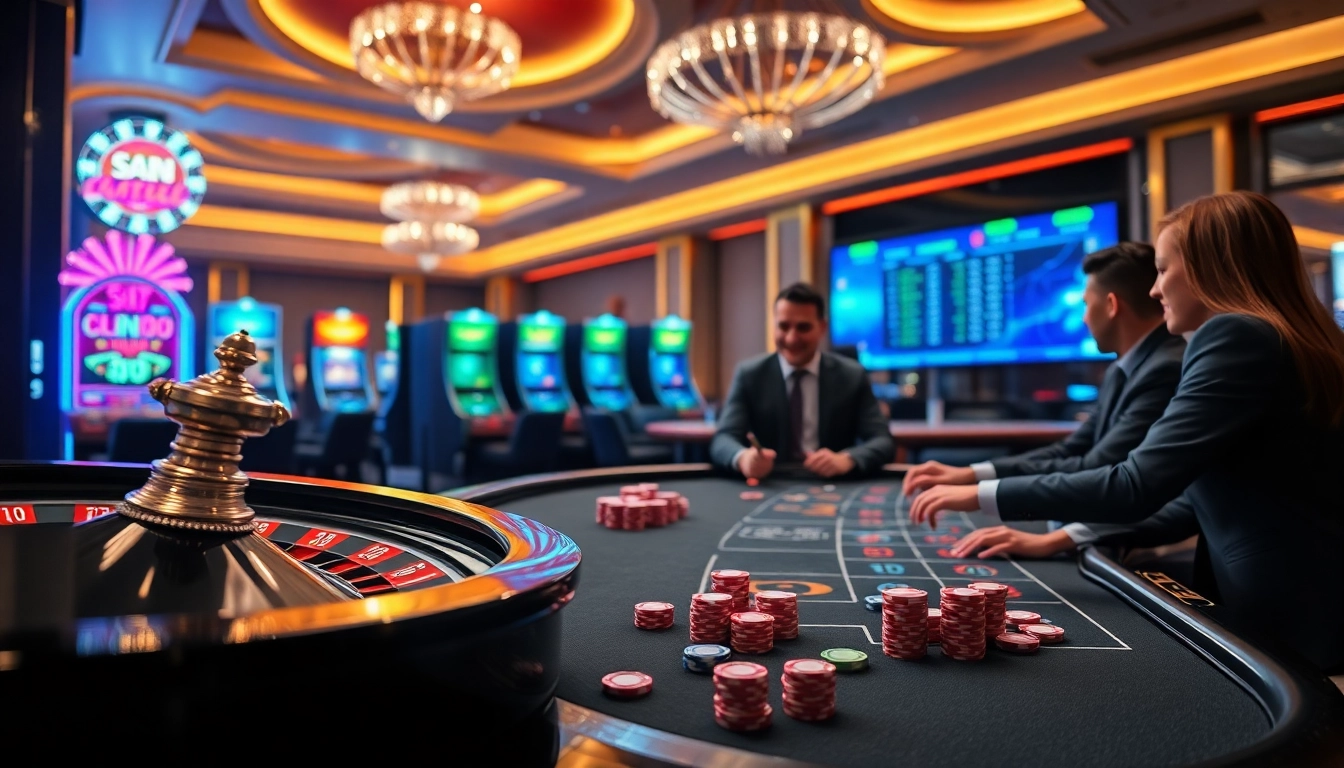 Experience the thrill of gambling at vuabai9 with a stunning casino scene showing roulette and poker in action.