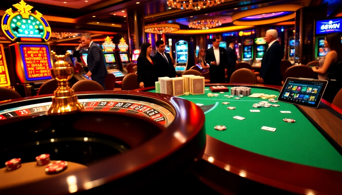 Experience high-stakes excitement with 68WIN, featuring vibrant casino tables and colorful chips.