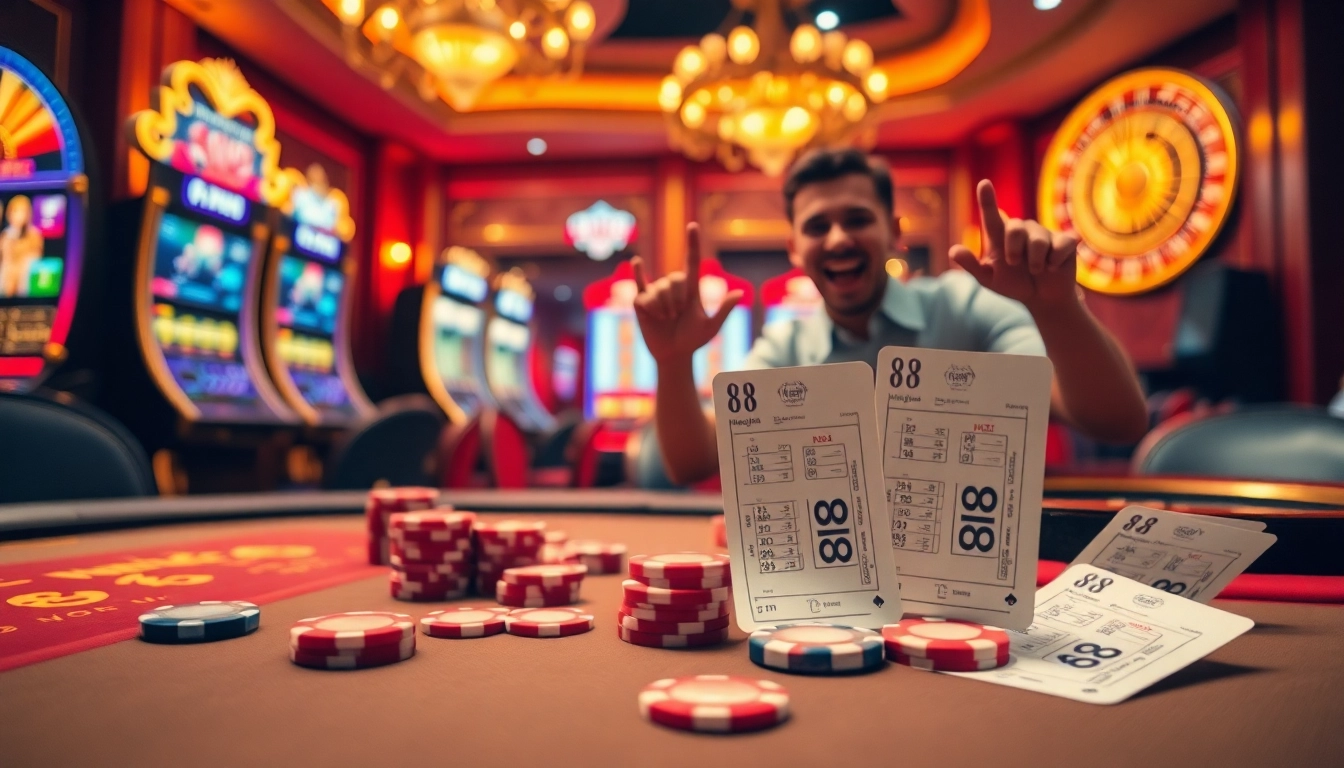 Experience the excitement of 88i nhà cái with vibrant poker chips and lively slot machines at a luxurious casino.