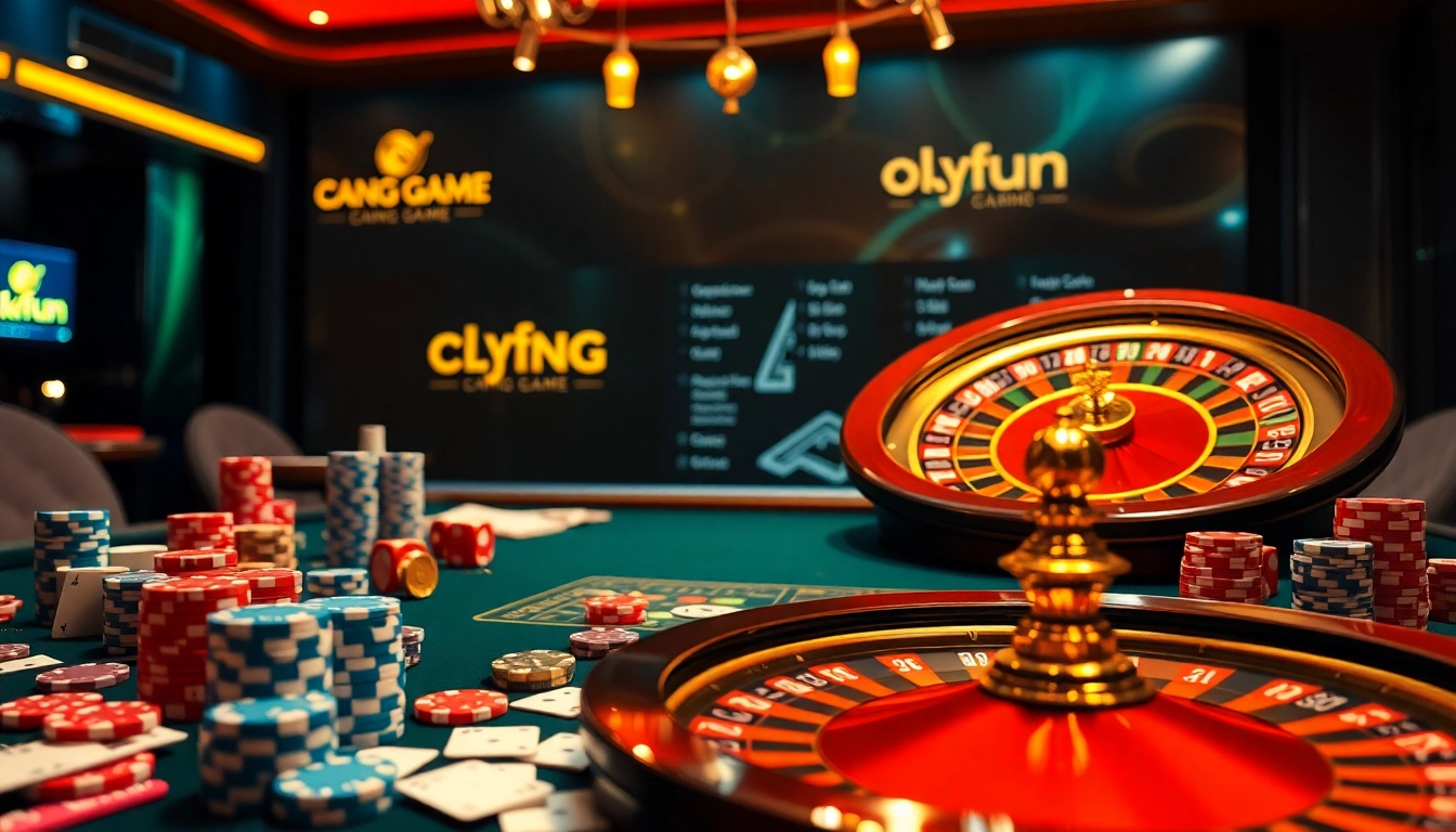 Engage in thrilling gameplay at cổng game okfun with vibrant poker chips and a roulette wheel.