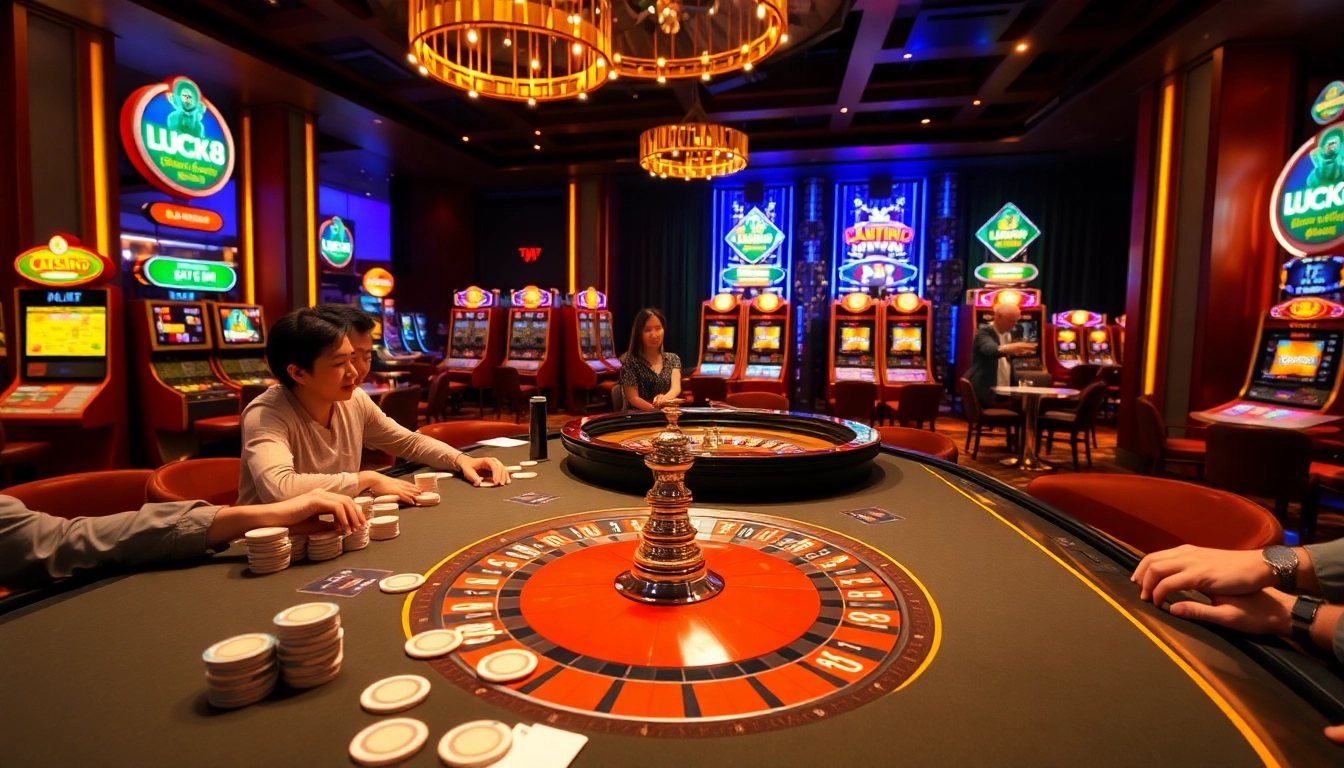 Bàn casino LUCK8 rực rỡ với các chip và bài, thể hiện sự phấn khích trong một không gian casino sang trọng.