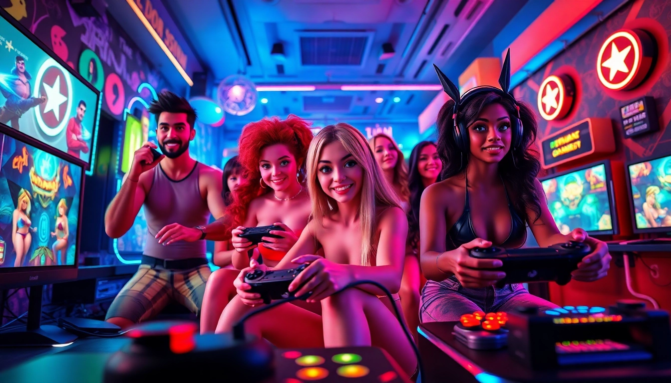 Exciting scene of adult gaming with diverse characters in vibrant colors promoting porn games.