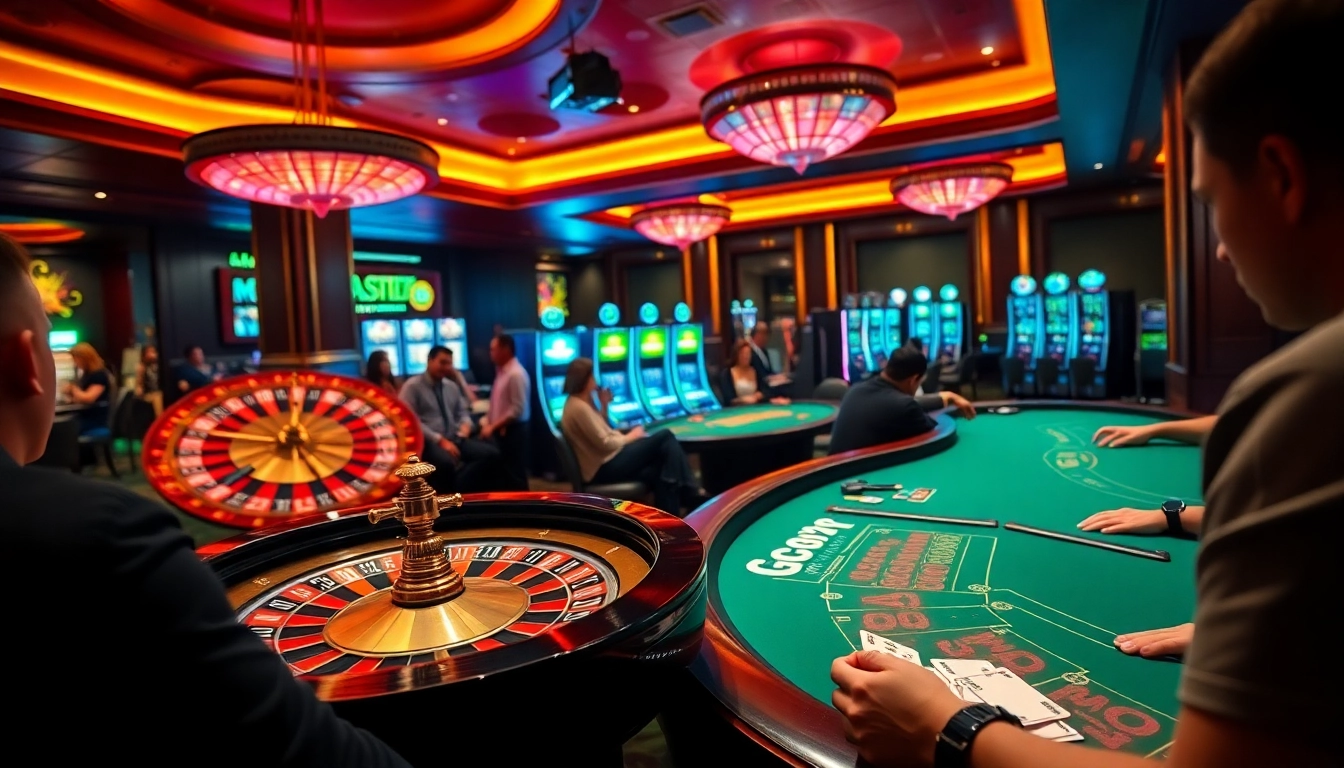 GO88 casino scene showcasing players engaged in lively gambling activities with vibrant tables and dealers.