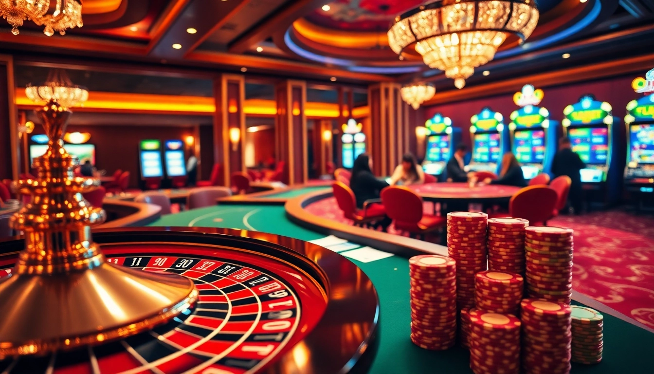 Experience thrilling gameplay at http://fabet0.com/ with vibrant casino visuals featuring roulette wheels and engaging poker tables.