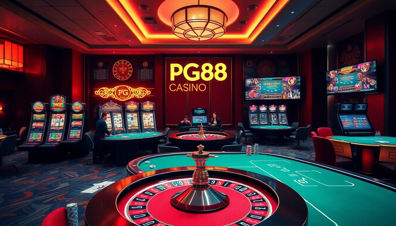 Engaging gamblers at PG88 with vibrant slot machines and roulette wheels in a luxurious casino setting.