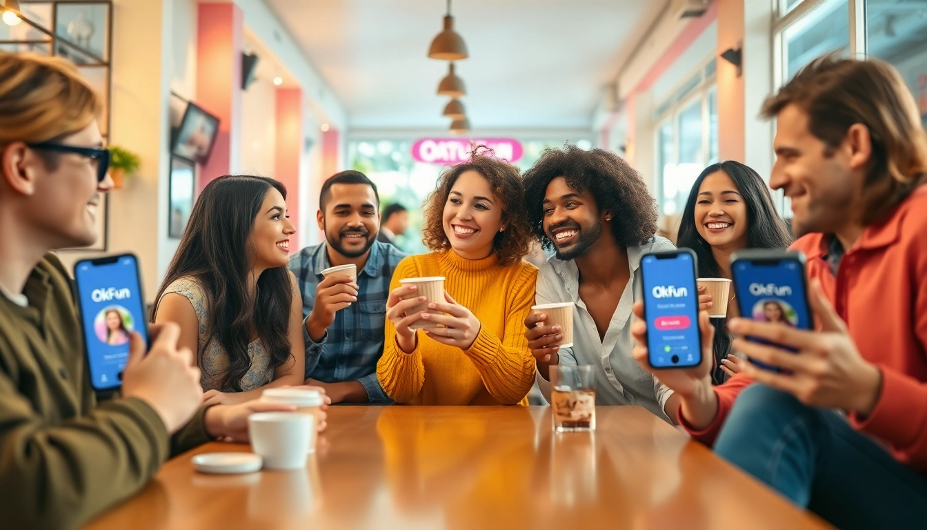 Engaging social scene showcasing couples and singles using https://okfun.uk.net/ dating app in a trendy café setting.