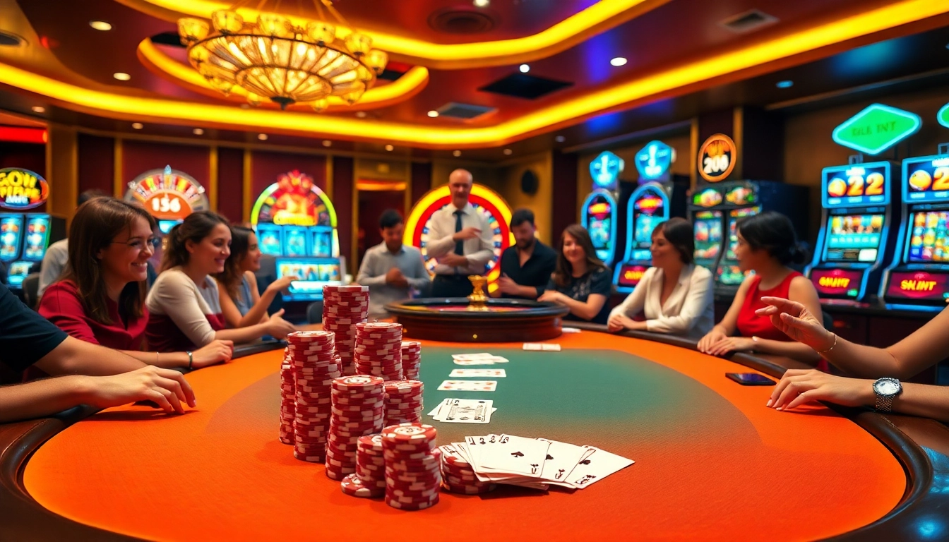 Players enjoying a thrilling poker game at GO8 casino with vibrant action and luxurious setting.