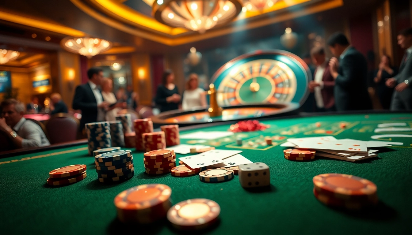 Exciting casino scene showcasing nhà cái 13Win's luxurious gaming experience with poker chips and roulette.