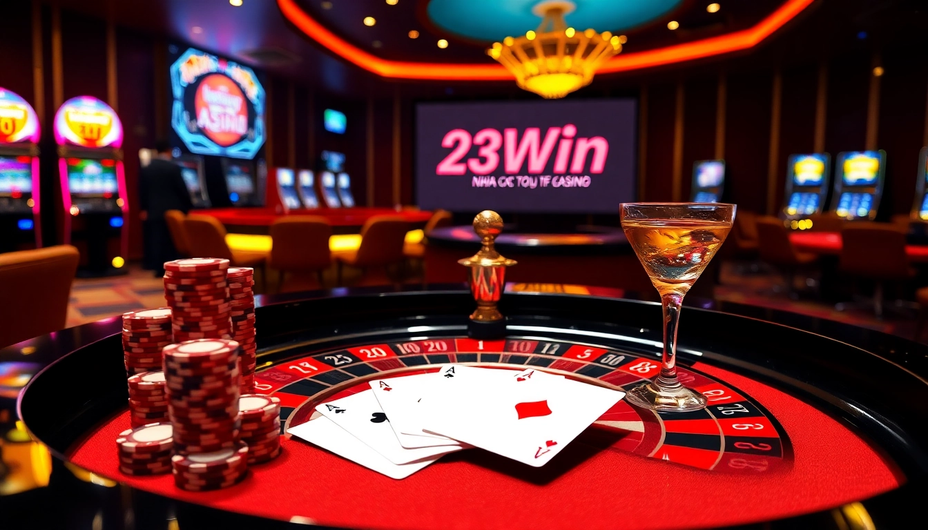 23Win nhà cái cá cược uy tín nhất châu Á showcases a vibrant roulette table scene, highlighting professional gaming.