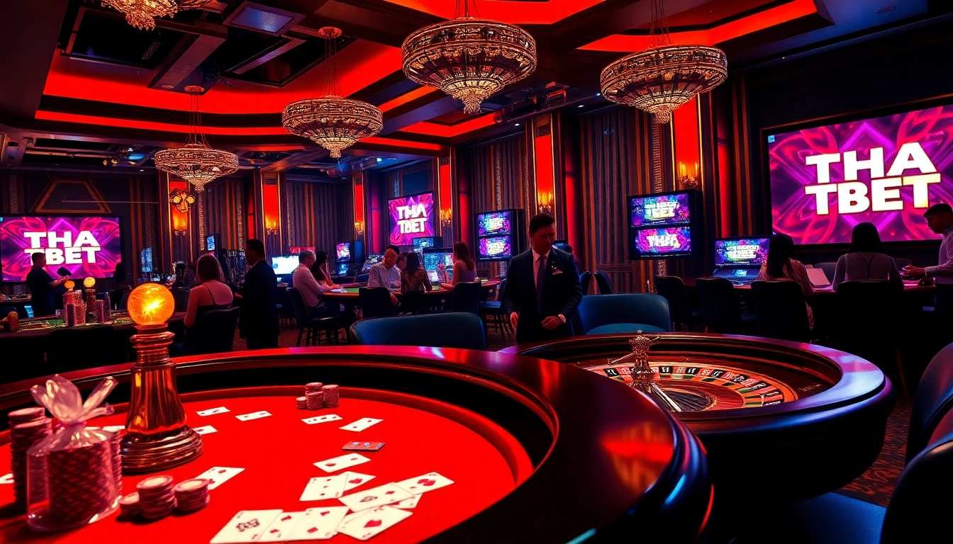 THA BET showcases an exhilarating casino scene with poker tables, chips, and an engaging atmosphere.