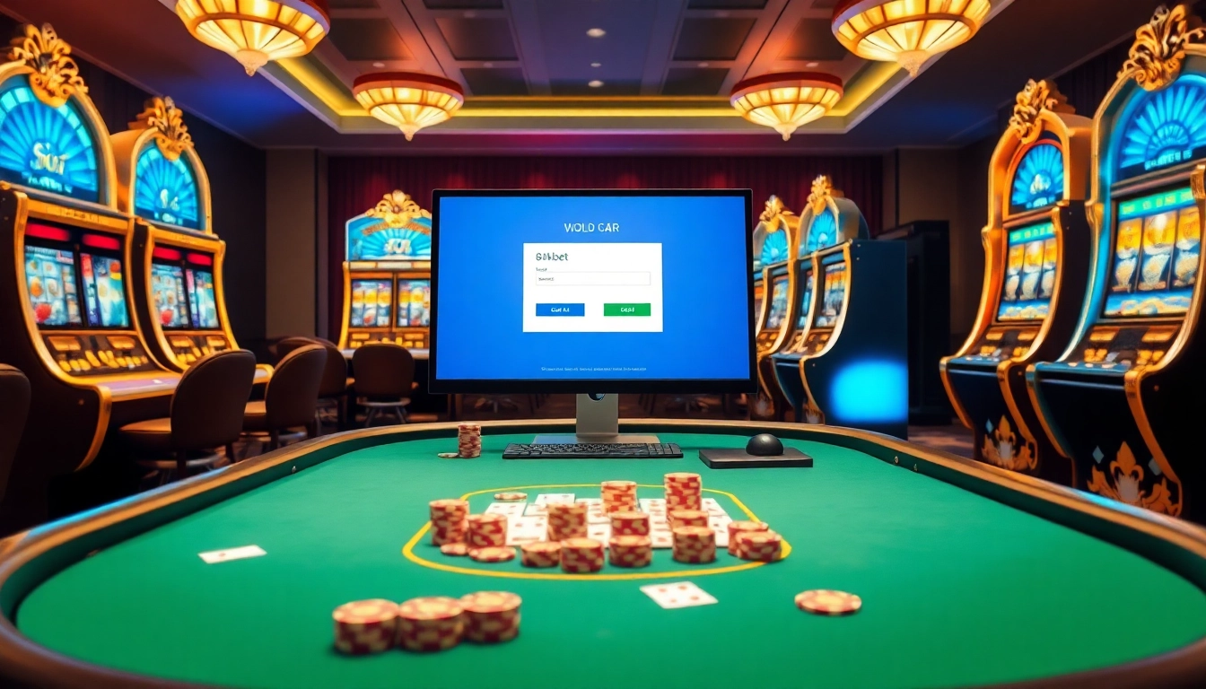 Experience the thrill of gambling at 8kbet com đăng nhập tài khoản with a luxurious casino setting featuring poker and slots.