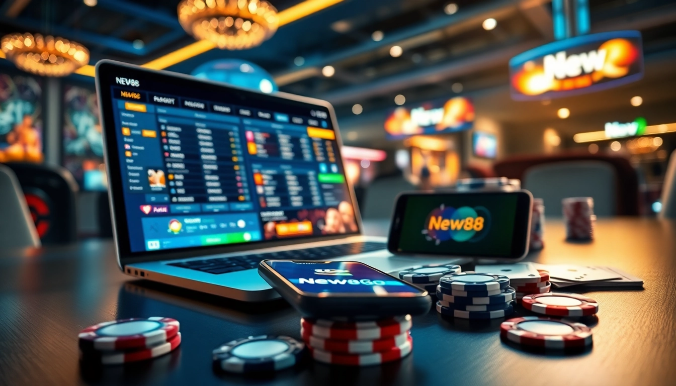 Exciting New88 gambling experience featuring online sports betting and casino games on display.