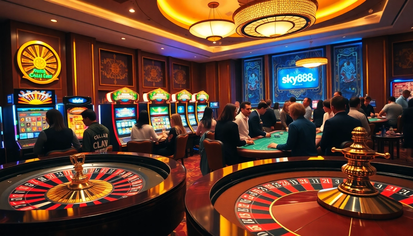 Exciting casino scene featuring players at a poker table with sky88 tv gaming interface visible.