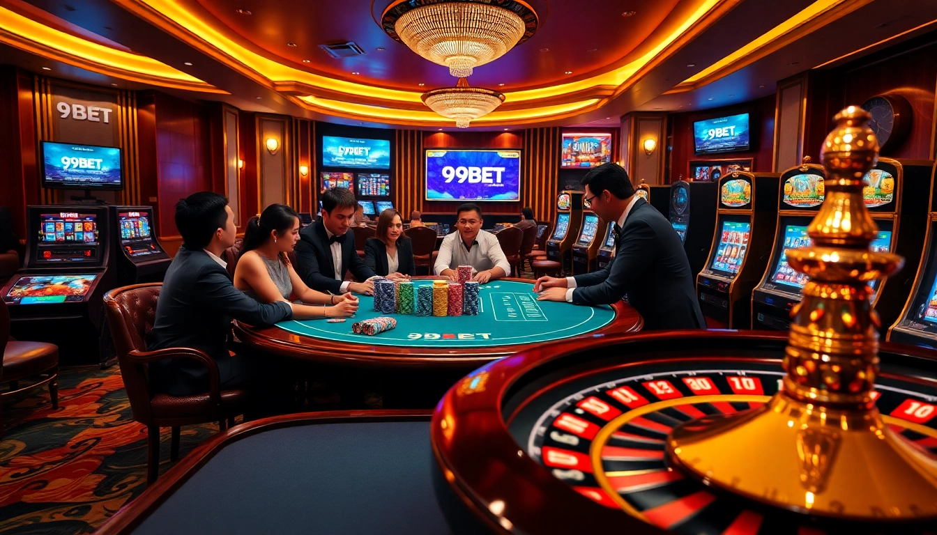 Players enjoying intense poker action at 9BET casino with vibrant gaming elements.