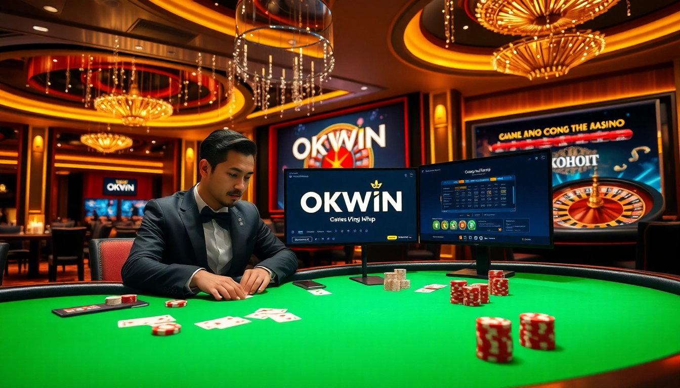 Experience the excitement of OKWIN ĐĂNG NHẬP at a luxurious casino table with vibrant gaming elements.