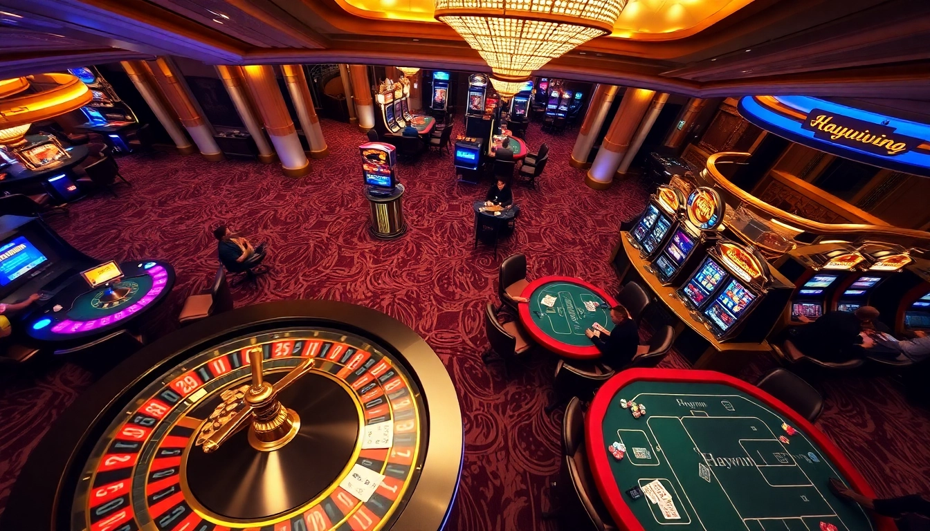 Experience high-stakes action at Haywin's luxurious casino with dynamic poker tables and vibrant roulette wheels.