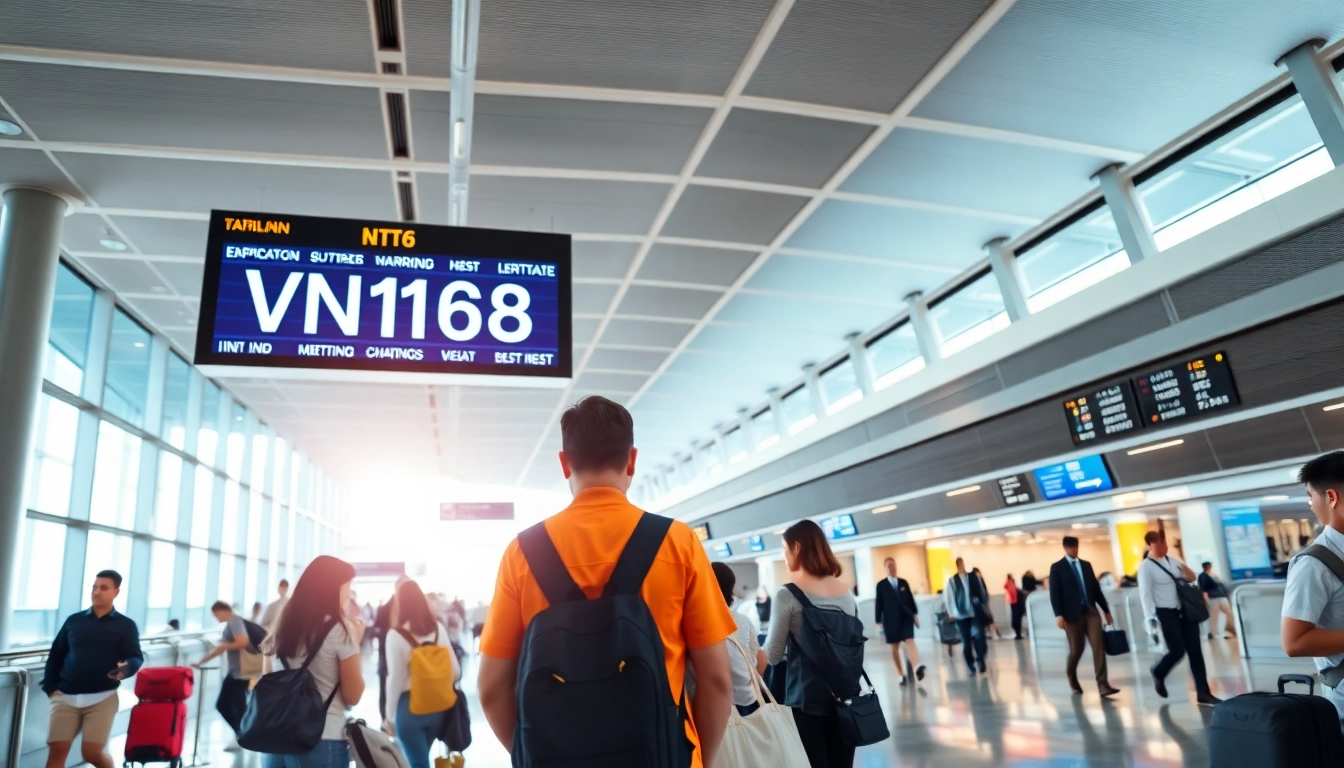 Dynamic airport scene featuring VN168 flight status board.