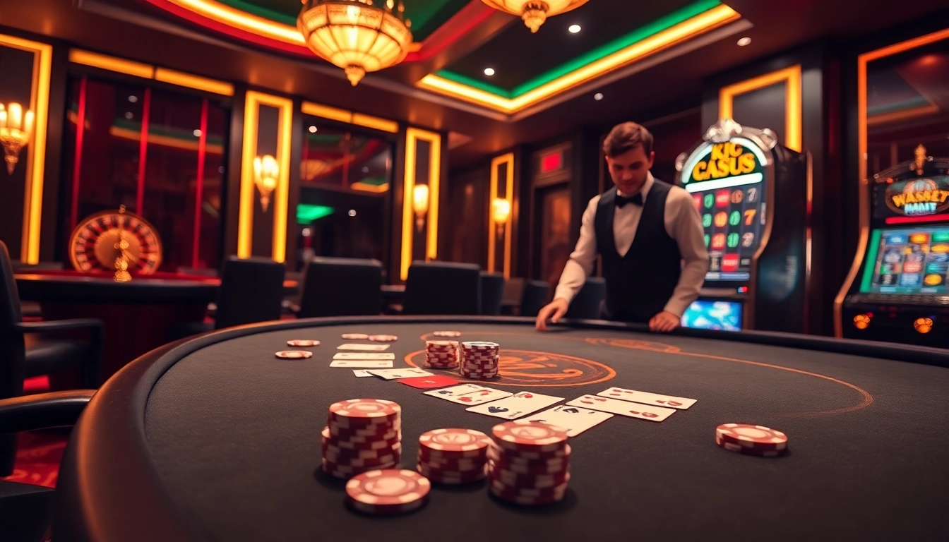 KJC poker game in a luxurious casino setting with polished poker chips and cards.
