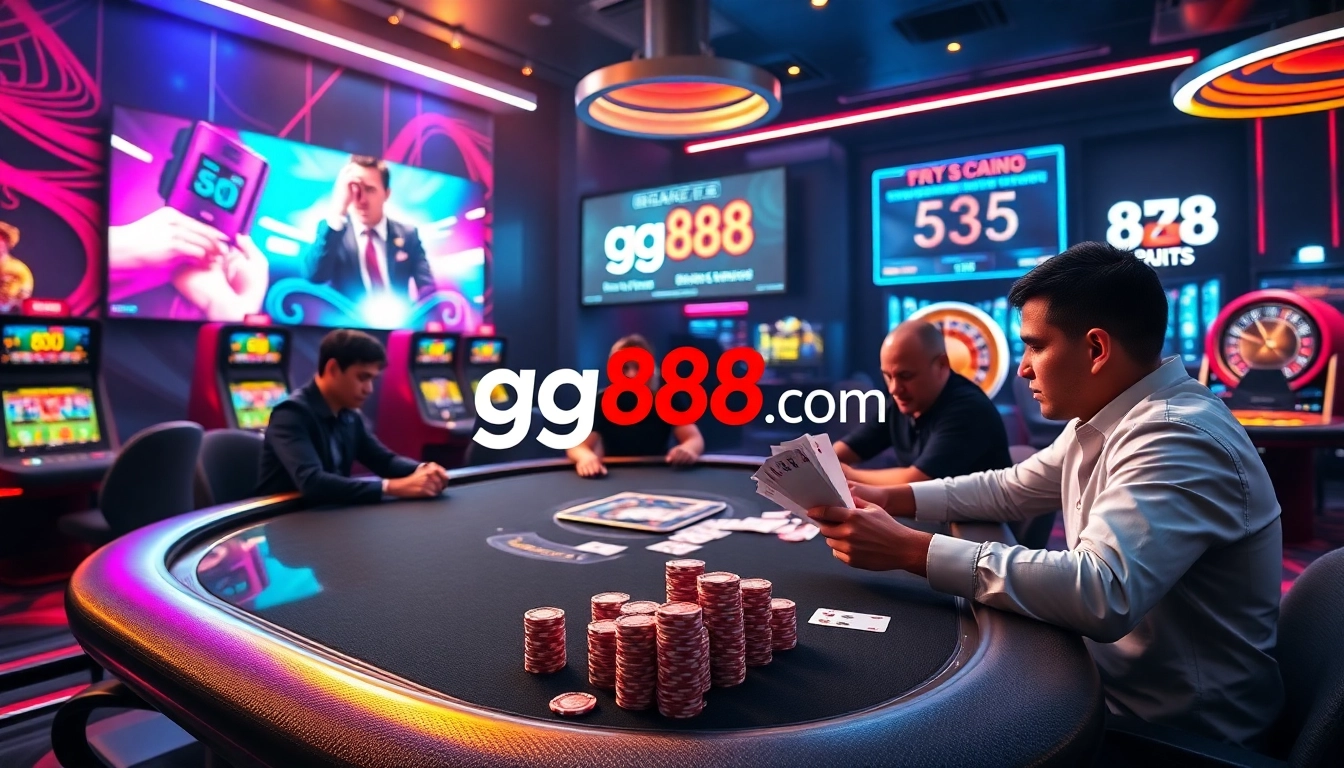 Engage in thrilling gameplay at gg88.com with vibrant poker tables and luxurious casino elements.