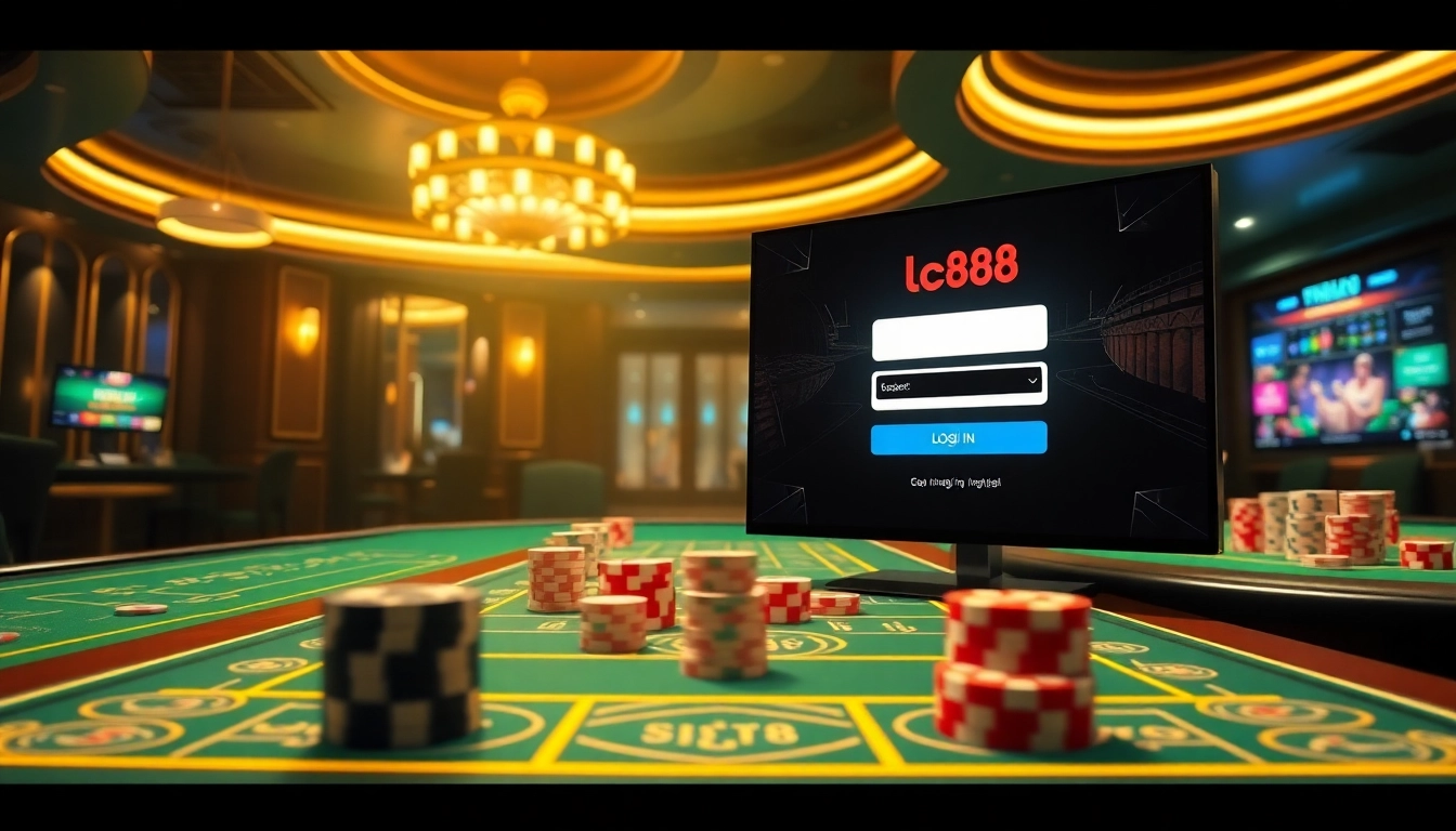Engaging online gambling scene featuring easy đăng nhập lc88 with chips and casino tables, conveying excitement.